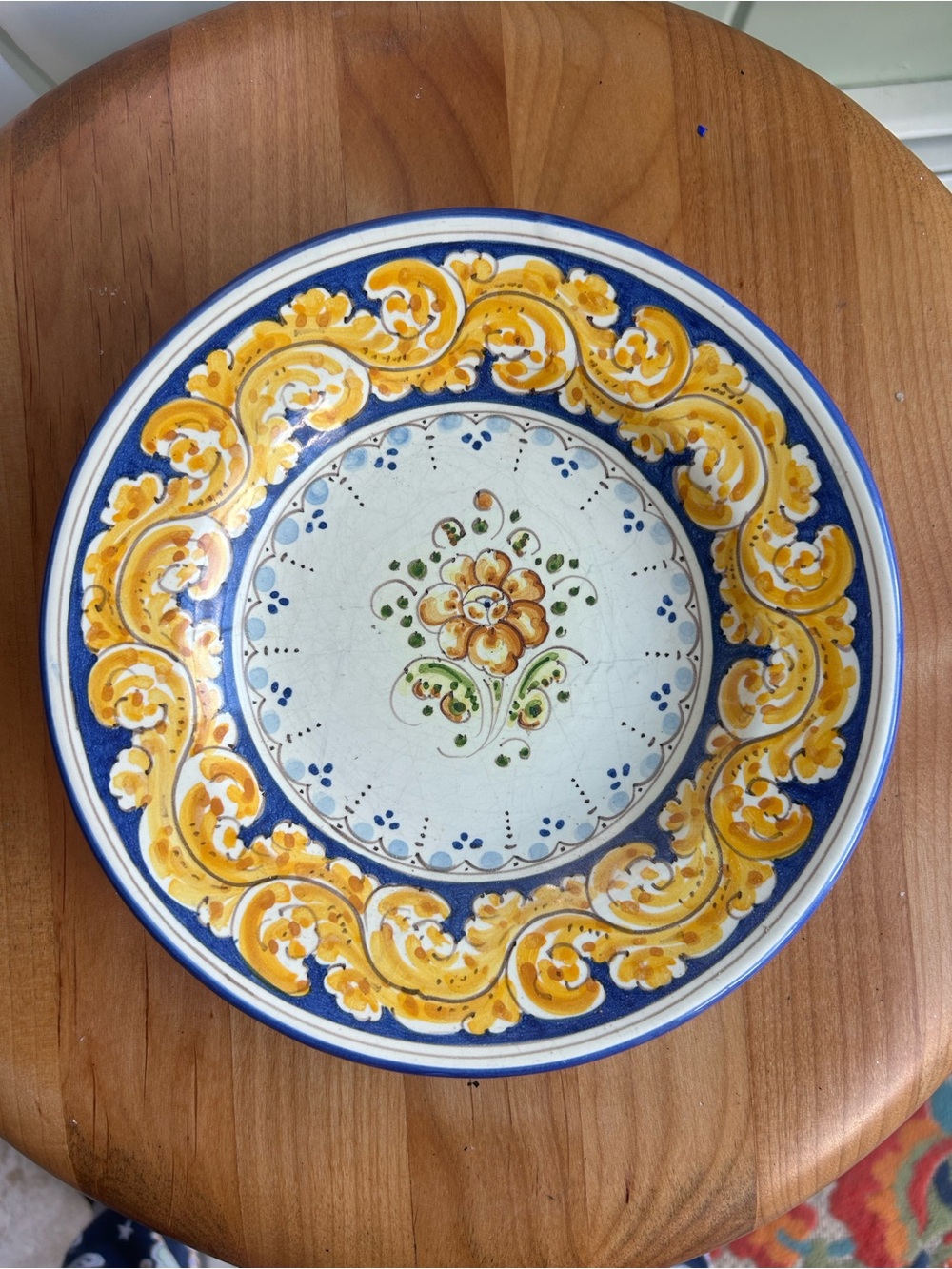 Vintage Talavera Pottery Pedestal Plate Hand Painted Blue Yellow Floral 8”